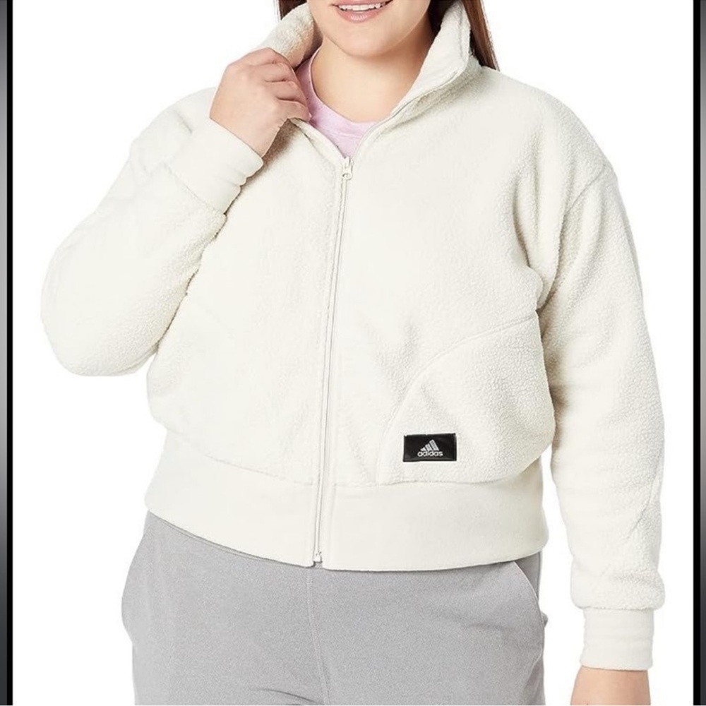 adidas Sportswear glitter shine badge fleece jacket in off white size 2X